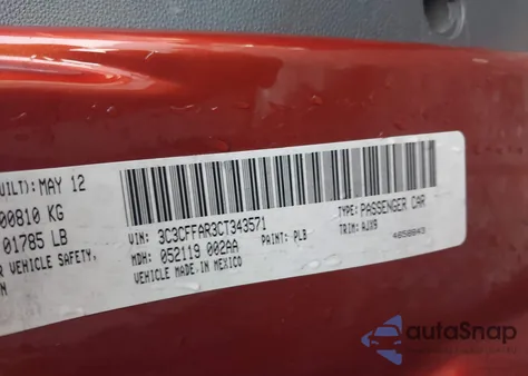 2012 Fiat 500 Pop из США, поврежденный, VIN 3C3CFFAR3CT343571